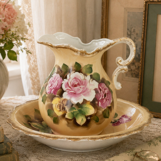 Vintage Hand Painted Japanese Rose Pitcher & Bowl Set | Gold Trim Floral Vanity Wash Basin | Cottage Core Decor
