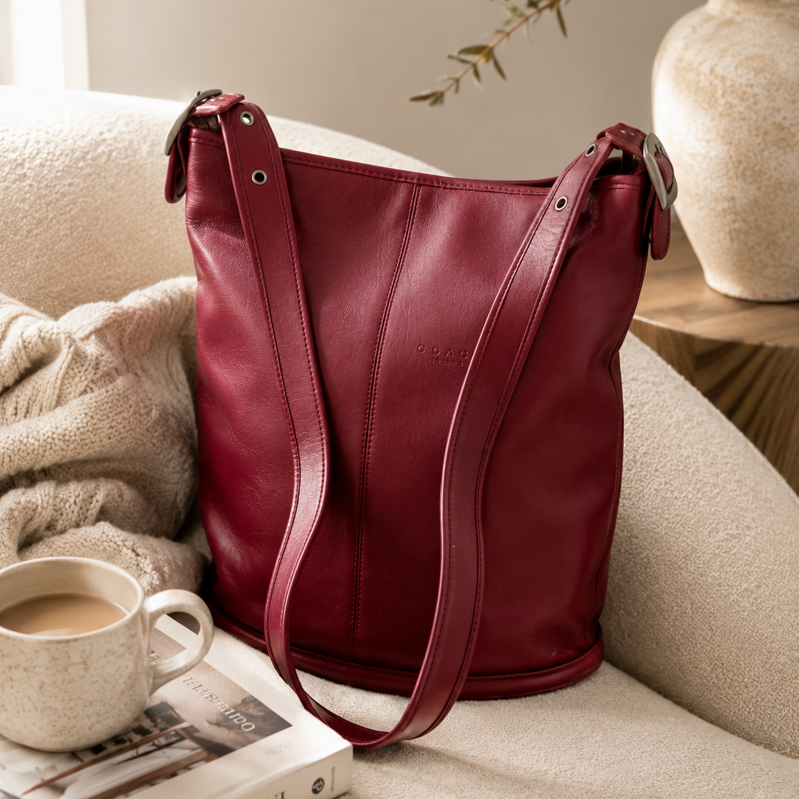 Vintage Coach Berry Leather Bucket Bag | Red Burgundy Shoulder Tote | Adjustable Strap | USA Made