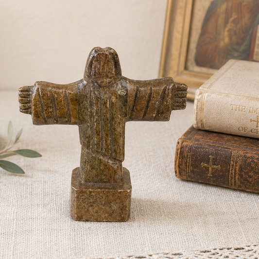 Vintage Stone Jesus Figurine Sculpture Brown Olive Tones Religious Decor Collectible
