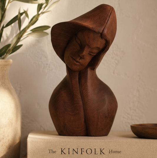 Vintage Hand-Carved Wooden Lady Bust | Mid Century Modern Sculpture | Rustic Boho Home Decor