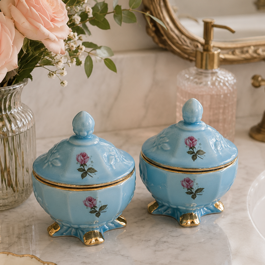 Vintage House of Fuller Blue Porcelain Rose Trinket Boxes Set of 2 Footed Covered Jars