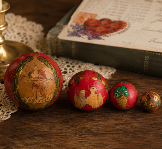 Vintage Hand-Painted Cupid Wooden Nesting Ball Set | Folk Art Russian-Style Nesting Spheres | Risqué Valentine’s Decor