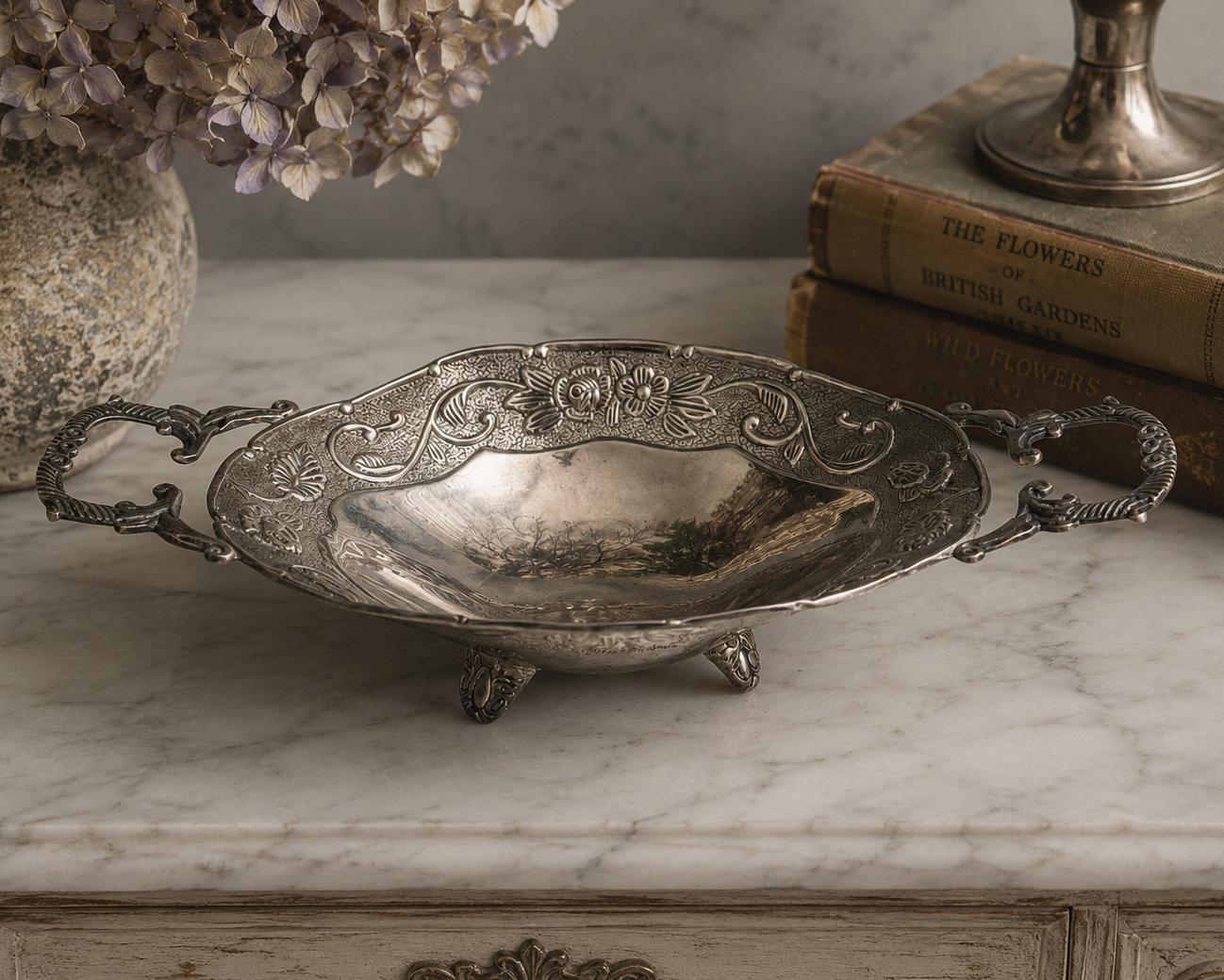Vintage Style Silver Footed Serving Dish with Ornate Handles | Floral Pedestal Bowl