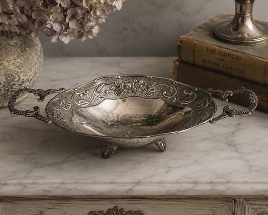 Vintage Style Silver Footed Serving Dish with Ornate Handles | Floral Pedestal Bowl