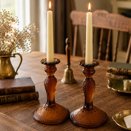 Vintage Amber Glass Candlestick Holders – Pair | Embossed Floral Mid Century Candle Holders | Cottagecore Home Decor