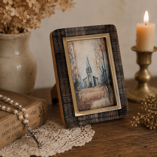 Vintage Church Print in Brass & Textured Wood Frame | Rustic Chapel Artwork | Cottage Farmhouse Decor