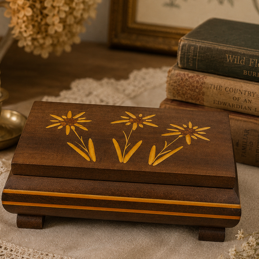 Vintage Reuge Swiss Music Box Edelweiss Wood Inlay Floral Jewelry Box