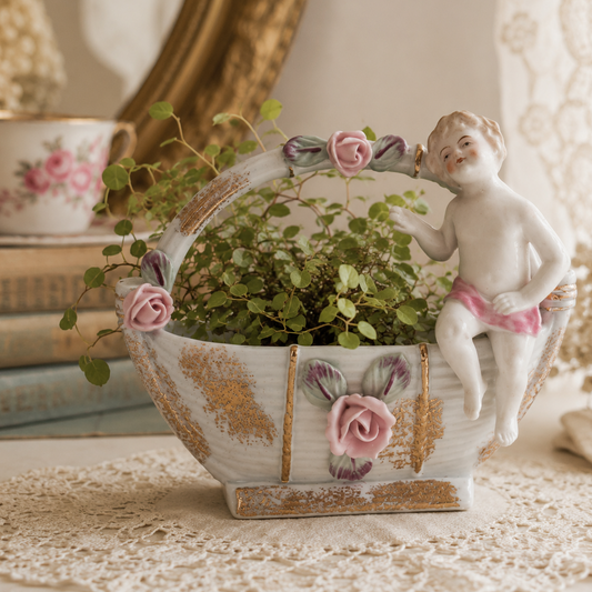 Vintage Occupied Japan Porcelain Cherub Basket Planter | White & Pink Rose Ceramic Vase with Gold Accents