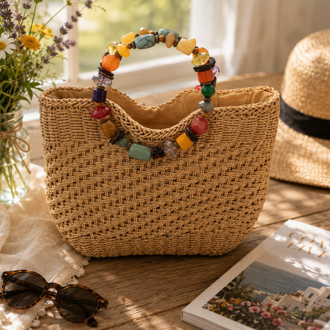Capelli Straworld Natural Woven Paper Straw Handbag with Multicolor Beaded Handles