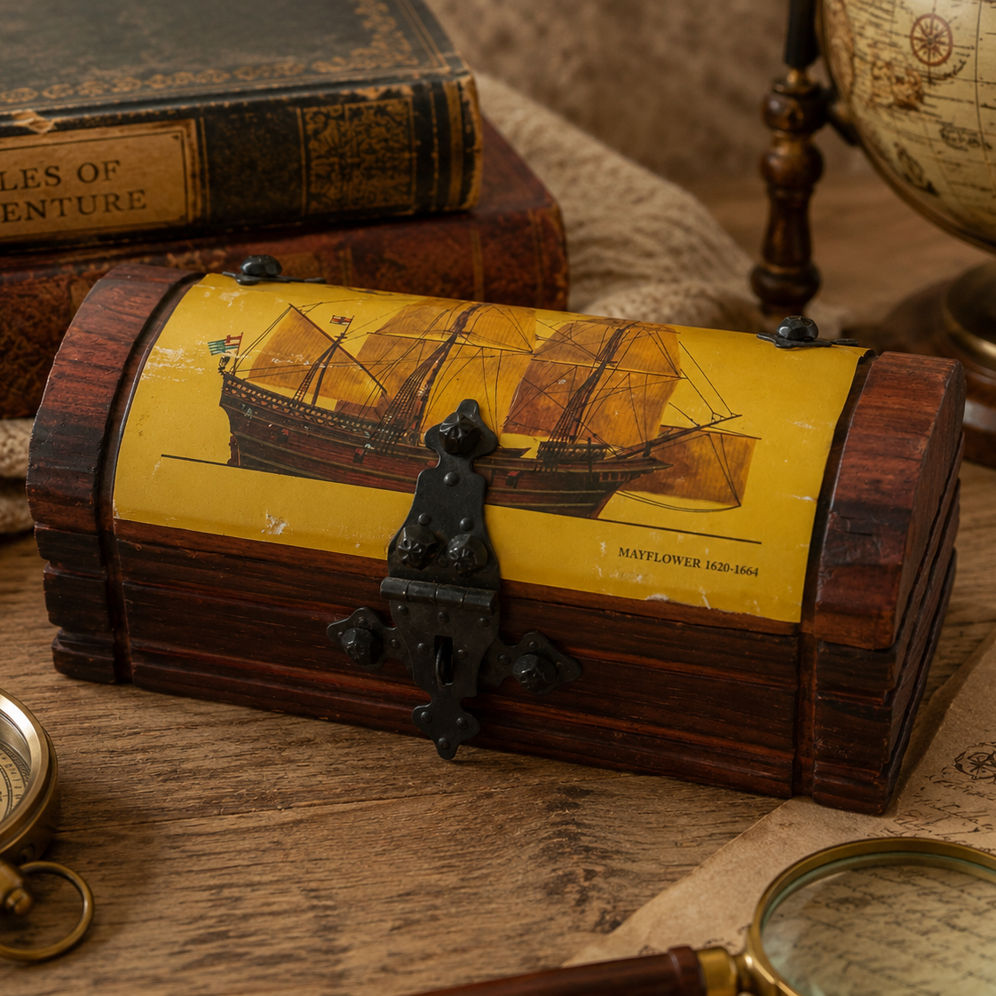 Vintage Made in Spain Wooden Mayflower Keepsake Box | Treasure Chest Jewelry Box