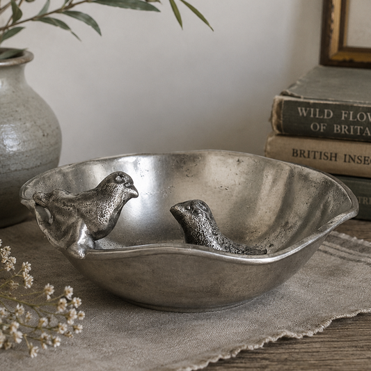 Vintage Pewter Bird Trinket Dish – Organic Hand Formed Silver Tone Bowl