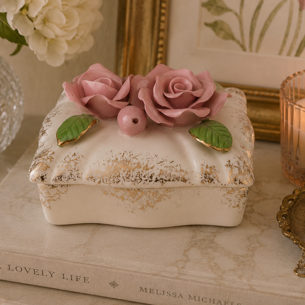 Vintage Occupied Japan Rose Porcelain Trinket Box Keepsake Dish