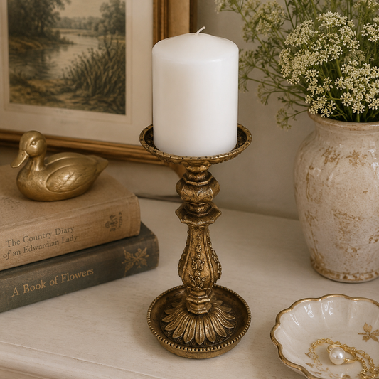 Vintage Gold Metal Pillar Candle Holder | Ornate Made in USA Candlestick | Hollywood Regency Cottage Decor