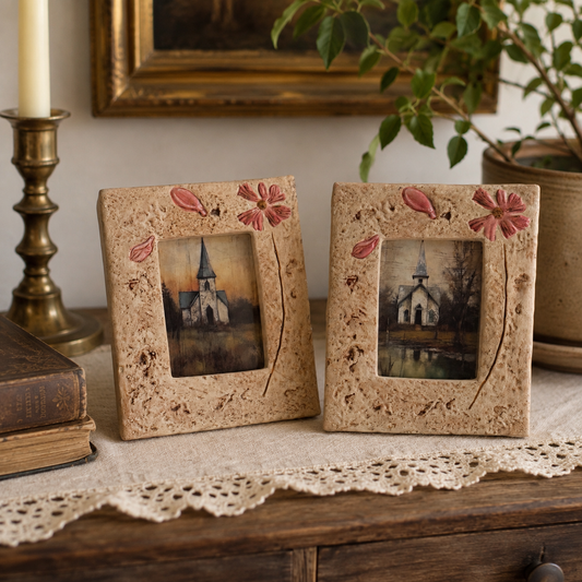 Vintage Cream Stone-Style Floral Picture Frames – Set of 2 | Textured Cottage Decor | Holds 5” x 3.5” Photos