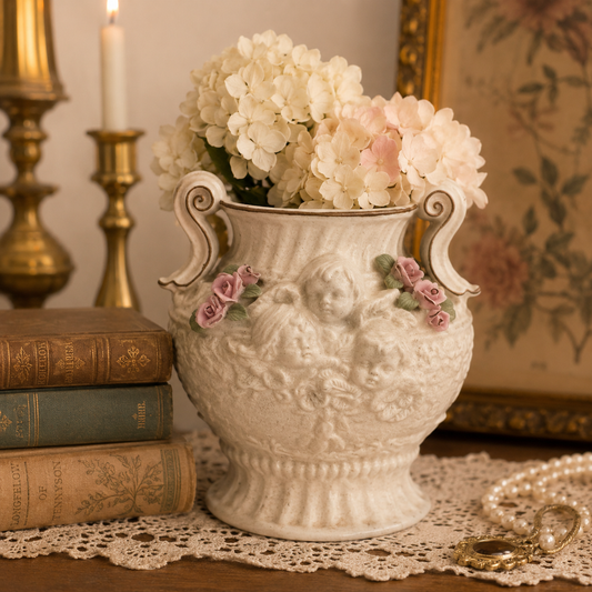 Vintage Cream Cherub Urn Vase | Capodimonte Style | Pink Roses | Romantic Cottage Decor