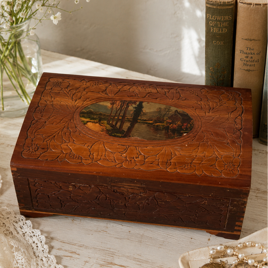 Vintage Carved Wood Keepsake Box with Mirror Lid & Floral Lined Interior