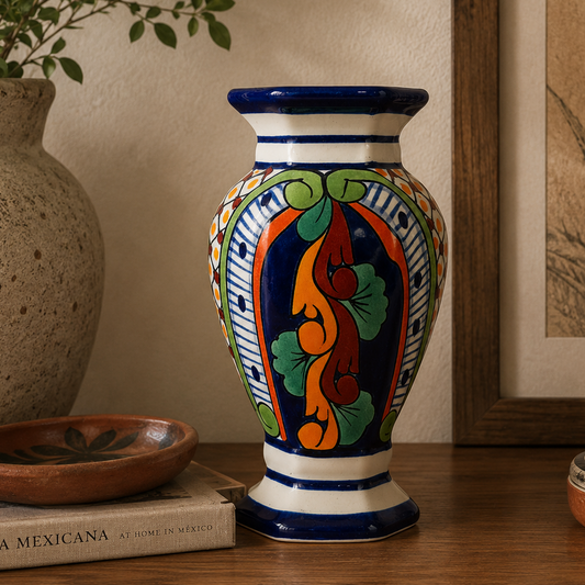 Vintage Mexican Folk Art Vase – Hand Painted Talavera Style Pottery