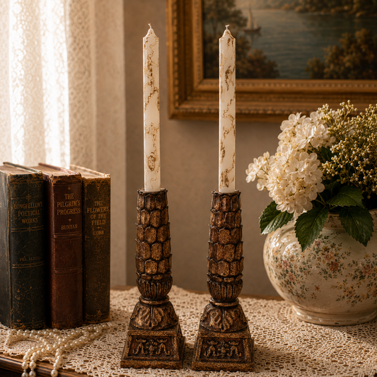 Pair of Vintage Ornate Gold Pinecone Candlestick Holders | Heavy Resin Composite | 9.75” Tall