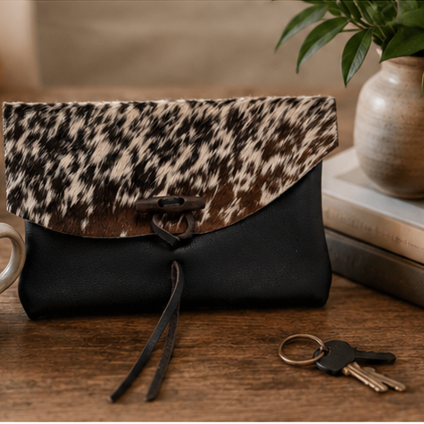 Handmade Cow Print Hair-On Hide Leather Clutch Pouch | Black Leather Toggle Wallet
