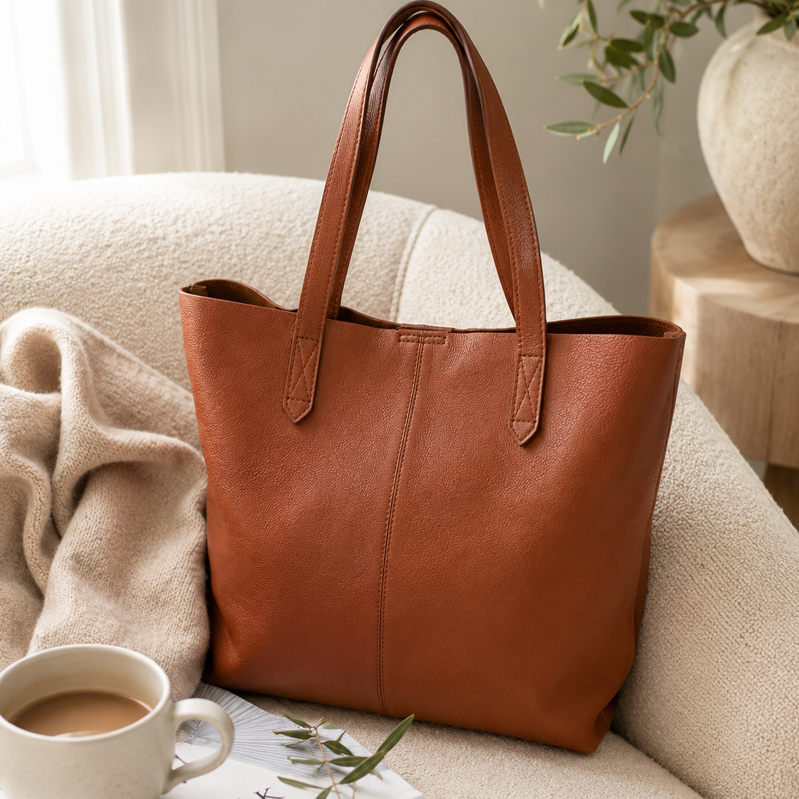 LOFT Brown Genuine Leather Tote Bag | Minimalist Shoulder Purse | Soft Pebbled Leather Shopper