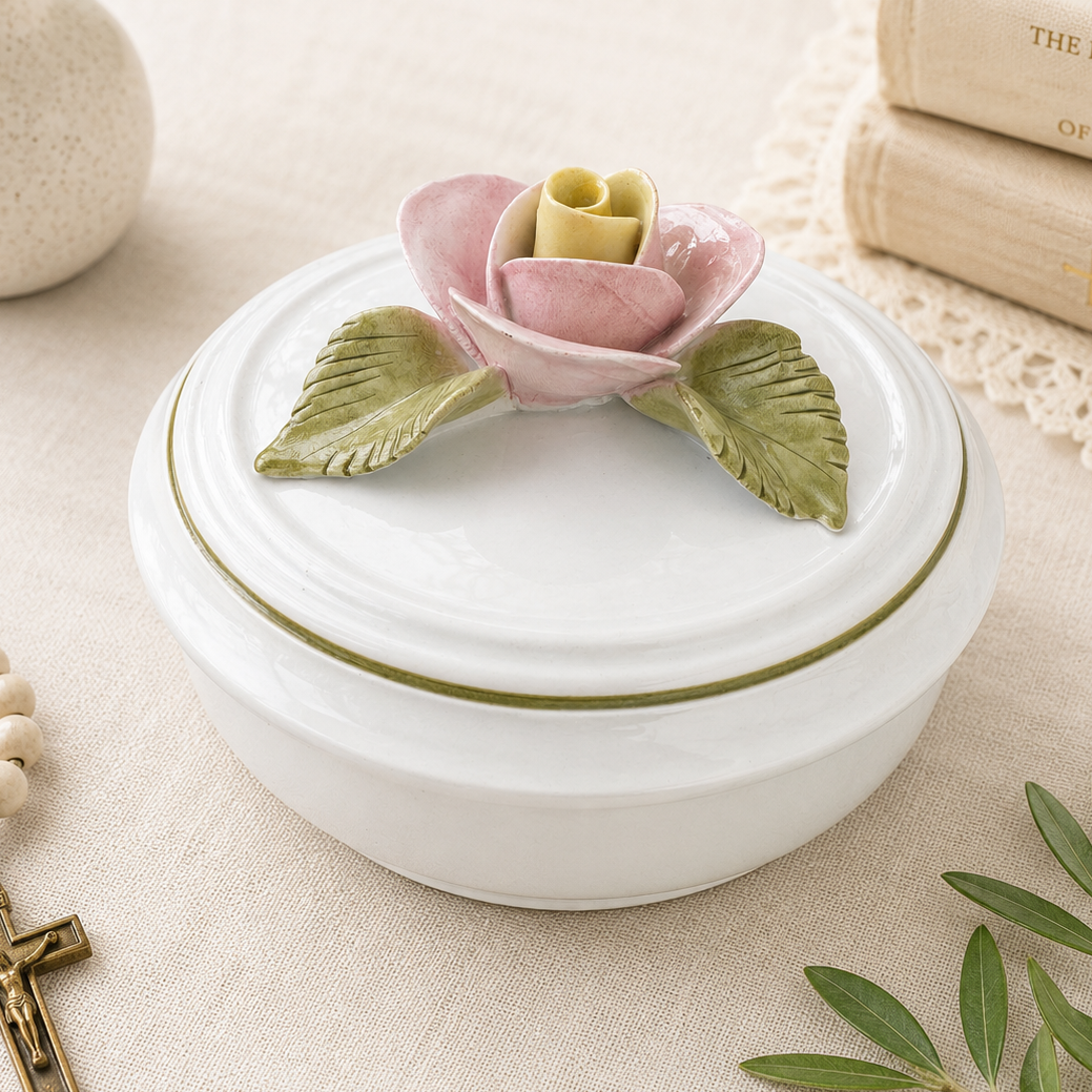 Vintage Italian Porcelain Rose Trinket Dish White Lidded Vanity Box