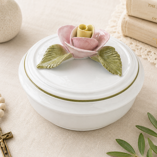 Vintage Italian Porcelain Rose Trinket Dish White Lidded Vanity Box