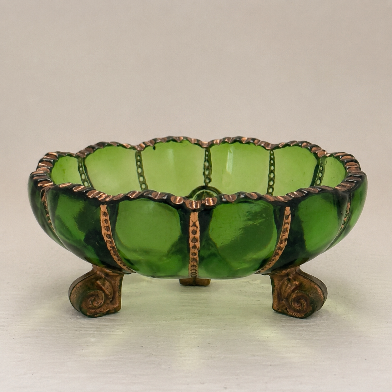 Vintage Green Art Glass Footed Trinket Dish with Gold Accents