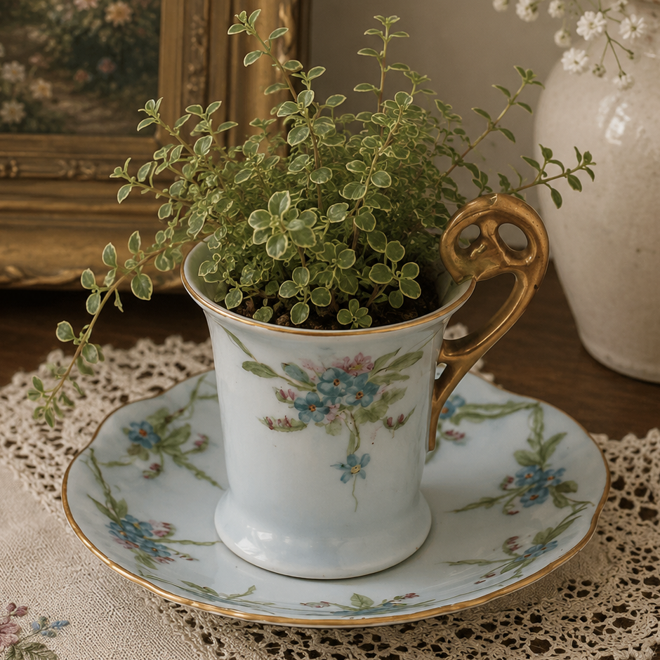 Vintage Blue Floral Demitasse Cup & Saucer Set Gold Handle Japan Porcelain
