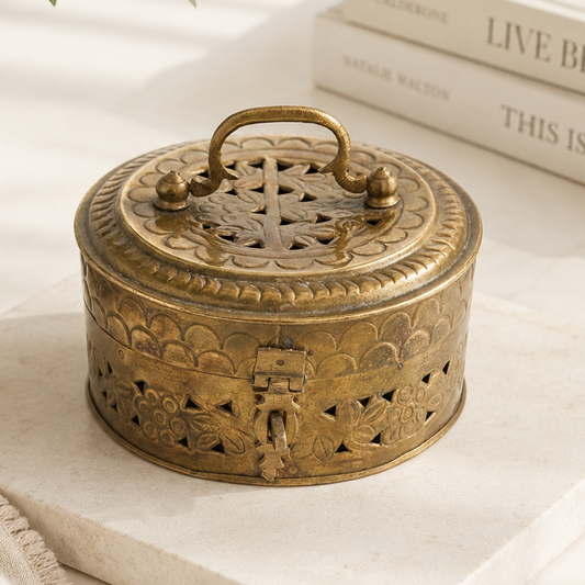 Vintage Brass Cricket Box | Pierced Brass Lidded Decorative Trinket Box | Made in India
