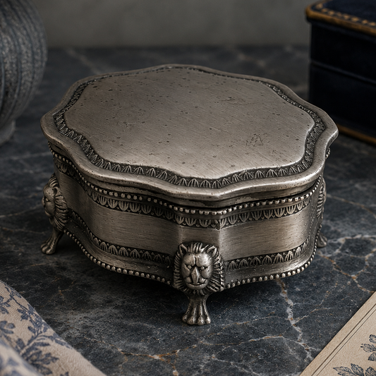 Vintage Silver Tone Jewelry Box with Lion Feet | Blue Velvet Trinket Box