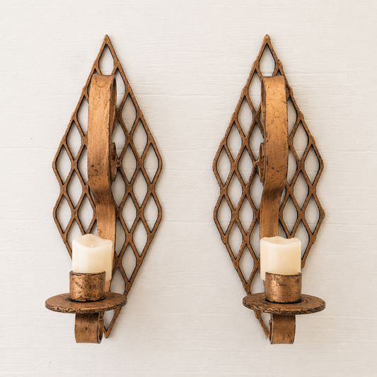 Vintage Gothic Revival Handmade Wall Candle Sconces Pair | Gold Metal Candle Holders | Spanish Mediterranean Decor