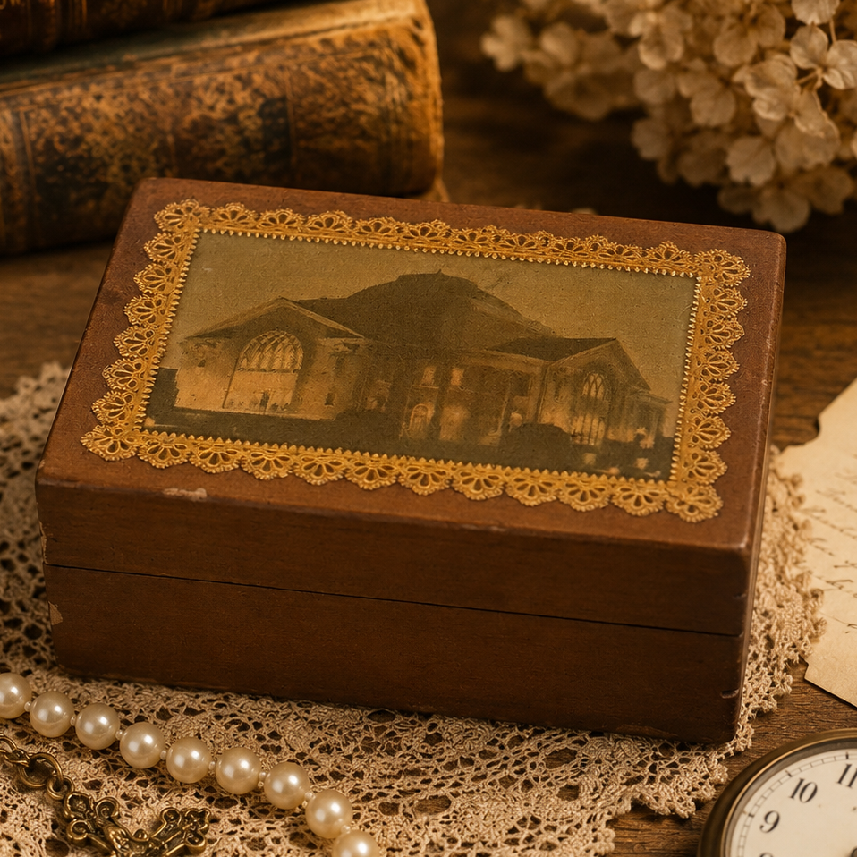Vintage Wooden Jewelry Trinket Box with Church Decoupage | Velvet Lined Keepsake Box | Handmade Wood Storage