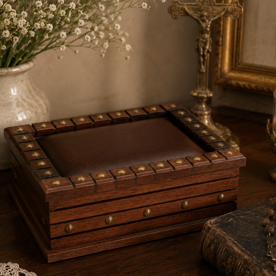 Wood Jewelry Box with Leather Inset Lid & Brass Studded Trim | Rustic Keepsake  Box | Handcrafted Look | Nice Quality