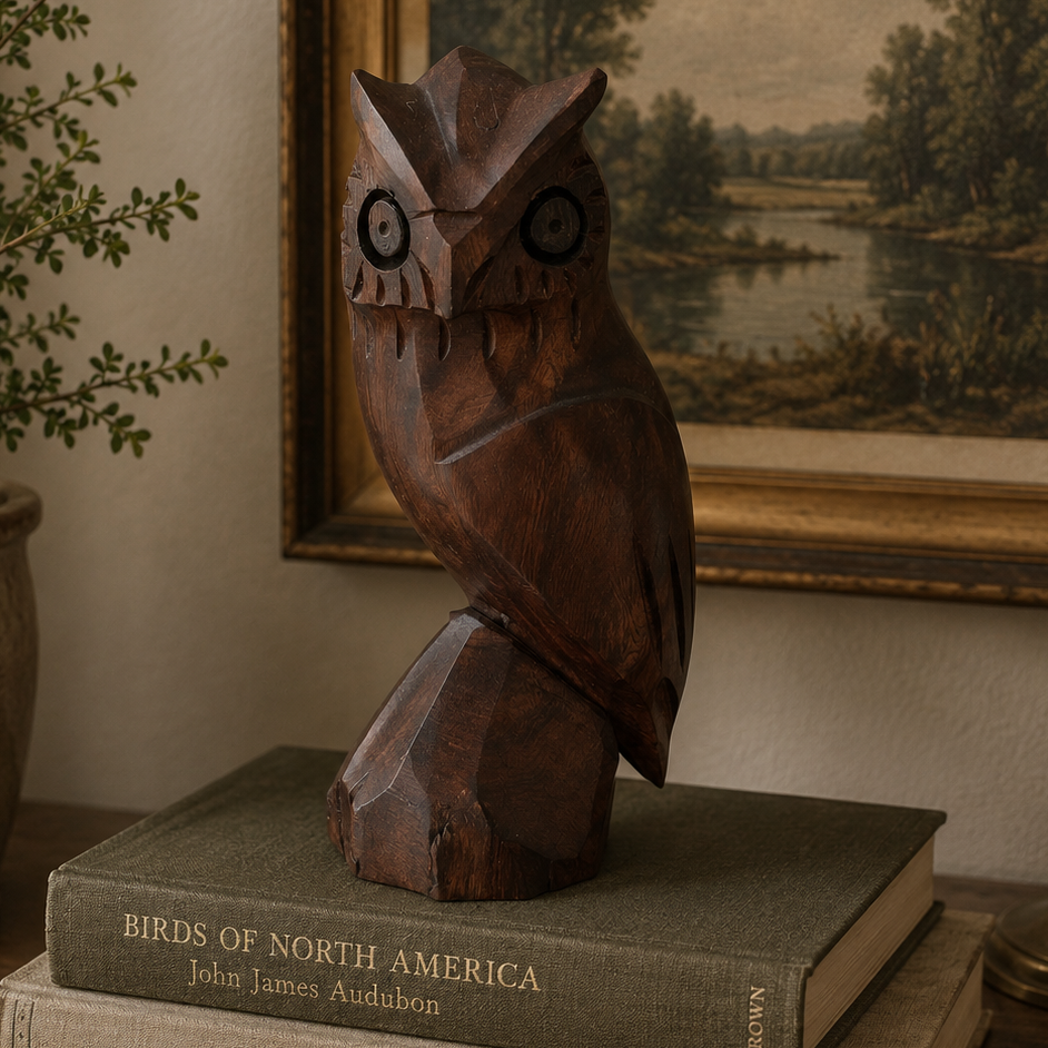 Vintage Hand Carved Ironwood Owl Figurine | Mid Century Modern Wood Sculpture | 7”