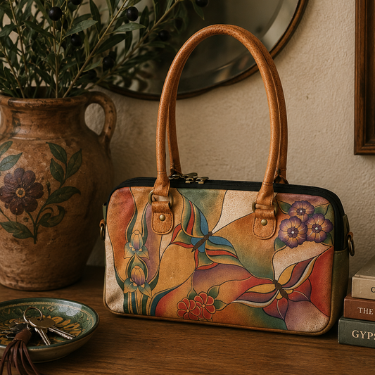 Anuschka Hand Painted Leather Satchel Bag Gold Floral Butterfly Purse