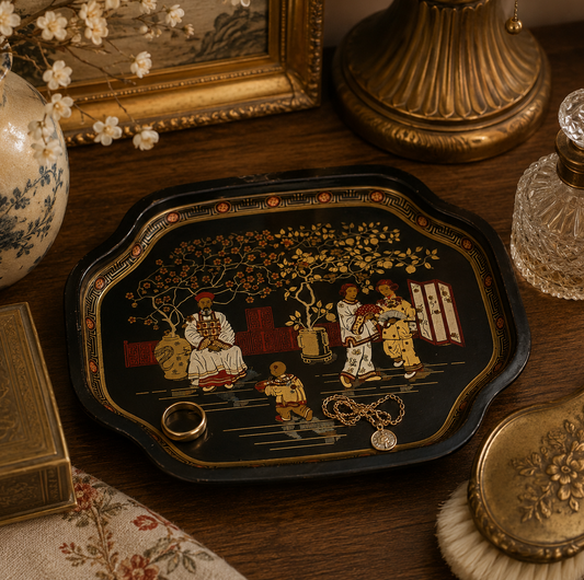 Vintage English Metal Tray with Asian Motif | Black Chinoiserie Decorative Catchall Tray | Elite Trays England