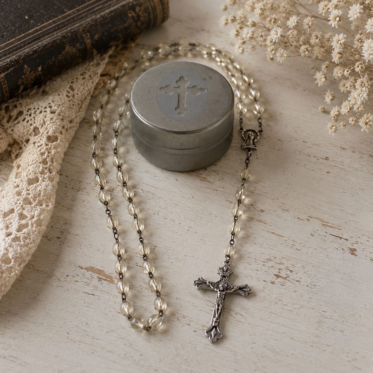 Vintage Italy Clear Rosary Beads with Metal Crucifix & Tin Storage Case