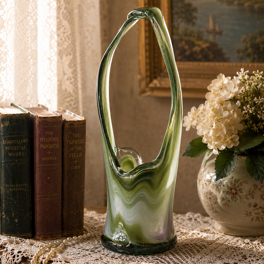 Vintage Hand Blown Green & White Art Glass Basket Vase | Mid Century Swirl Glass