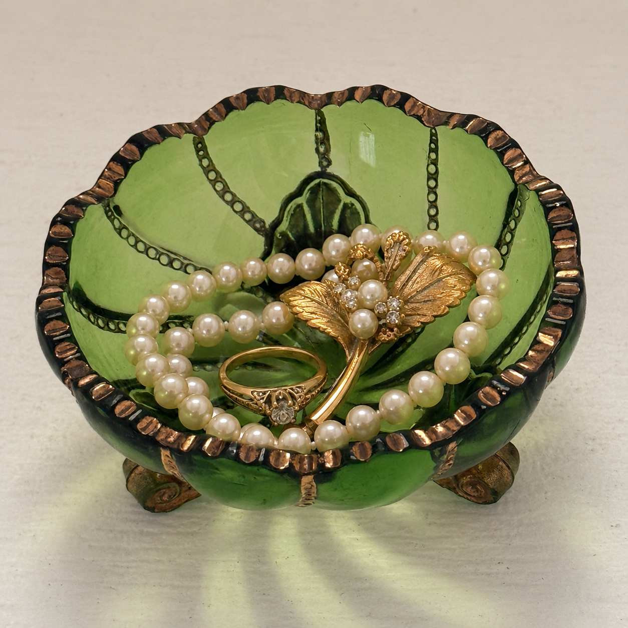 Vintage Green Art Glass Footed Trinket Dish with Gold Accents