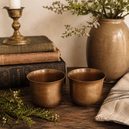 Pair of Vintage Solid Brass Cups | Rustic Decor | Small Drinking or Decorative Vessels