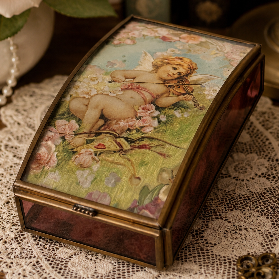 Vintage Angel Music Box with Violin Cherub Lid – Curved Glass & Brass Tone Trinket Box – “Waltz of the Flowers”