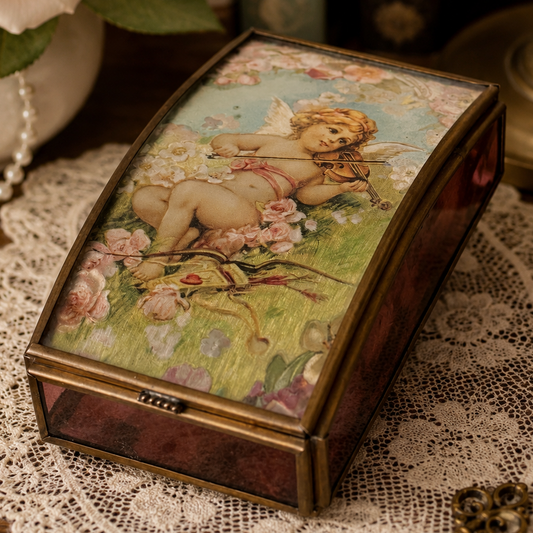 Vintage Angel Music Box with Violin Cherub Lid – Curved Glass & Brass Tone Trinket Box – “Waltz of the Flowers”
