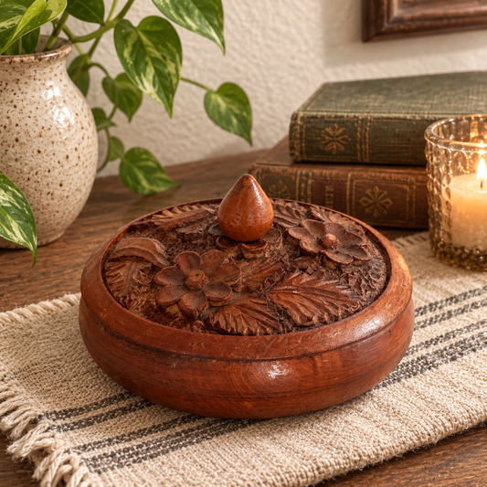 Vintage Hand-Carved Wooden Covered Trinket Bowl | Floral Relief Keepsake Box | Rustic Wood Decor