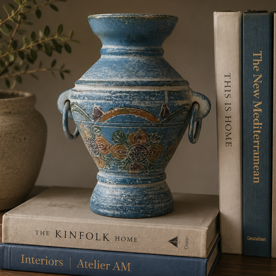 Handmade Blue Pottery Vase With Ring Handles Mediterranean Decor