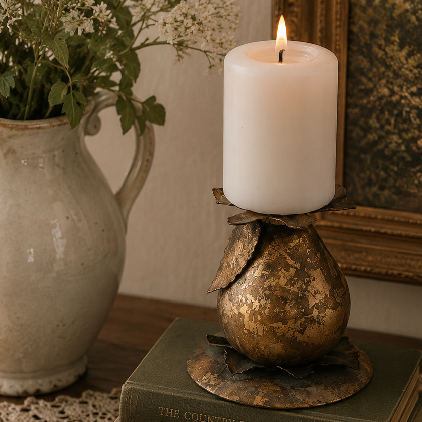 Vintage Brass Pear Candle Holder with Rustic Patina | Gold-Tone Metal Leaf Design