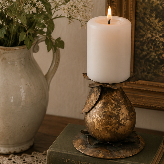 Vintage Brass Pear Candle Holder with Rustic Patina | Gold-Tone Metal Leaf Design