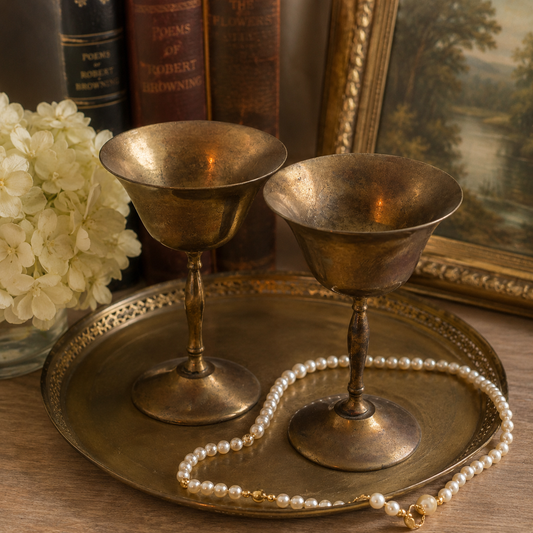Vintage Pair of Solid Brass Goblets | Indian Brass Wine Chalices | Boho Cottage Decor