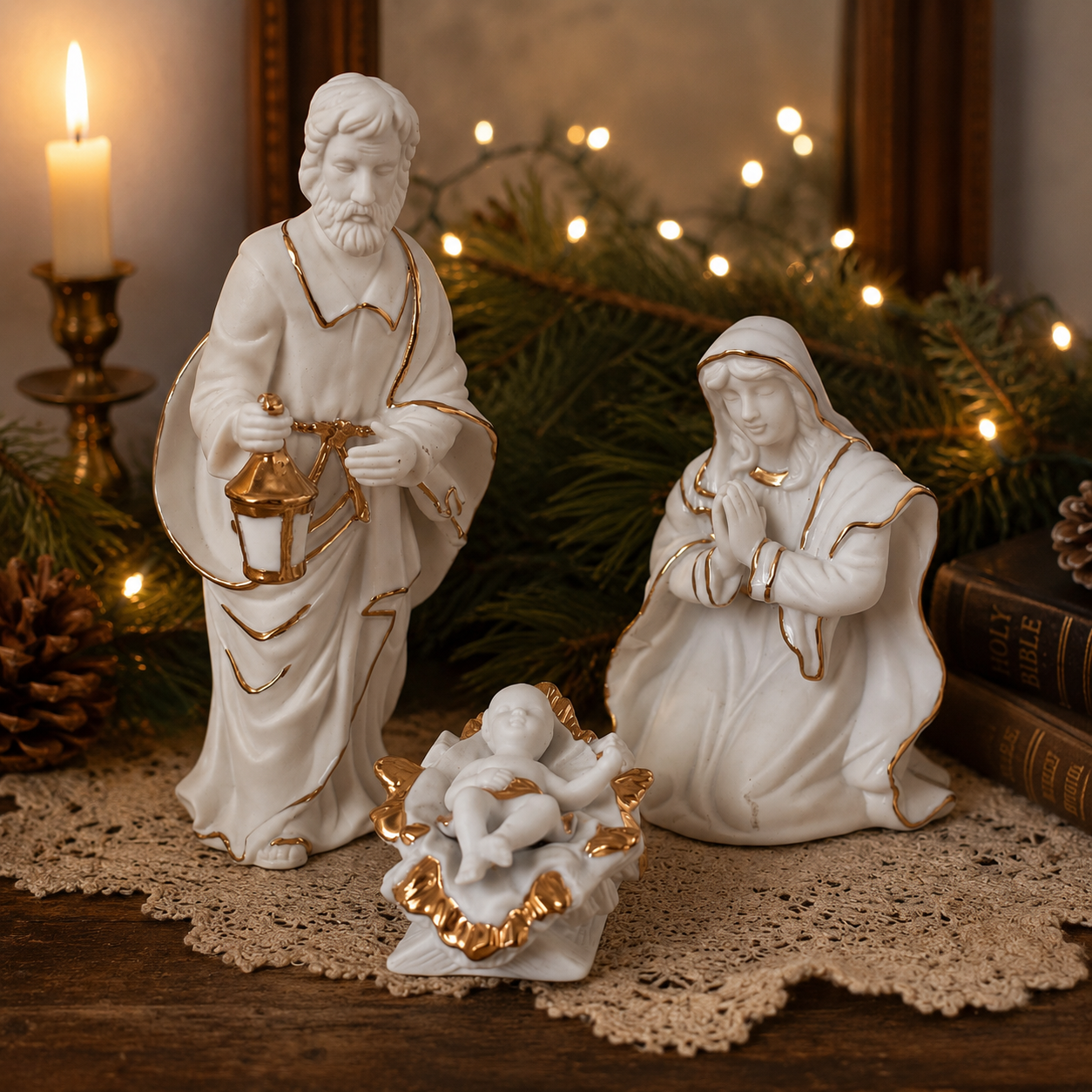Vintage White Bisque Porcelain Nativity Set | 3 Piece Christmas Holy Family | Gold Trim Joseph Mary Baby Jesus