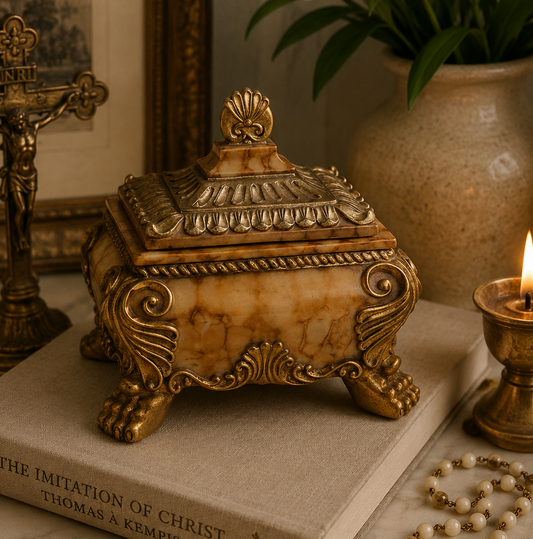 Maison Collection Faux Alabaster Jewelry Box | Ornate Rococo Style Trinket Box