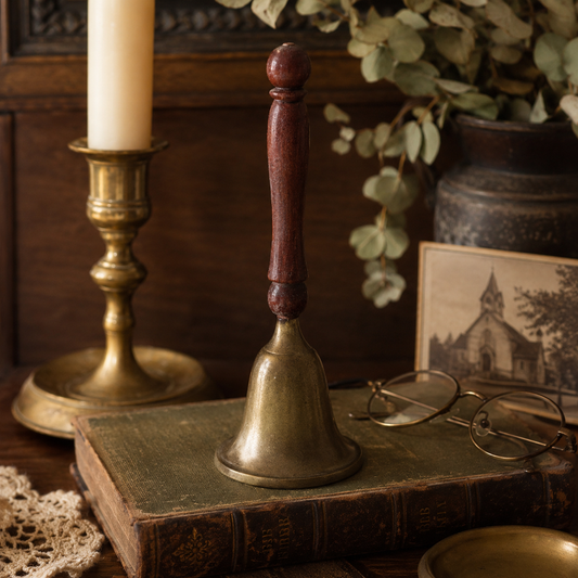 Vintage Brass Hand Bell with Turned Wood Handle | Rustic Farmhouse Dinner Bell | Decorative Accent